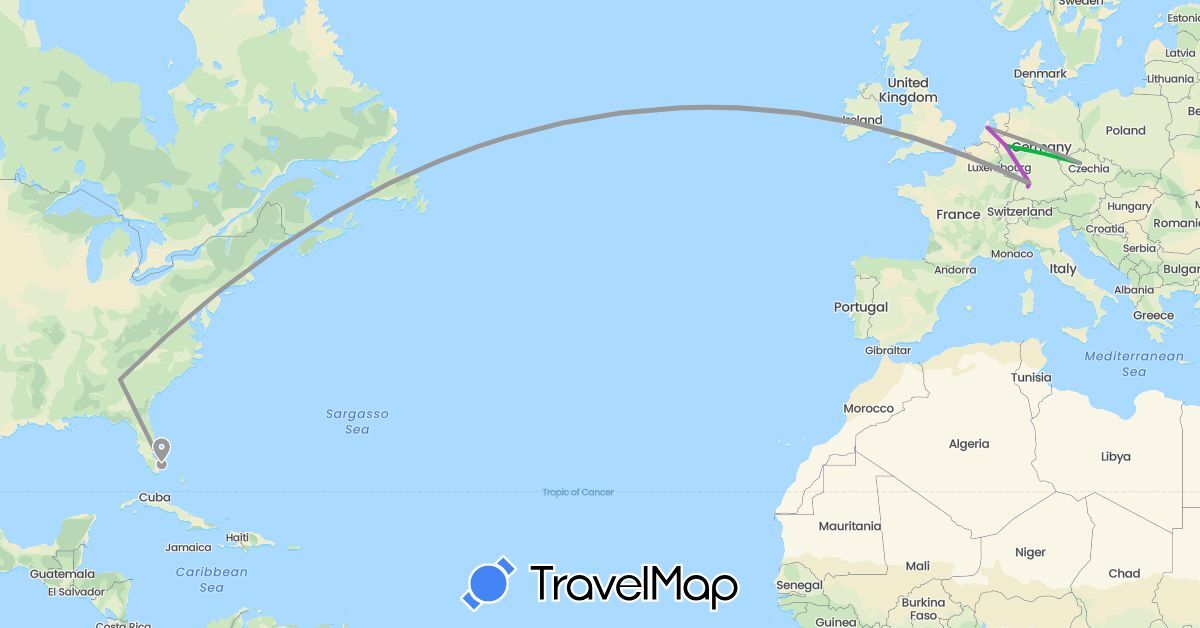 TravelMap itinerary: driving, bus, plane, train in Czech Republic, Germany, Netherlands, United States (Europe, North America)